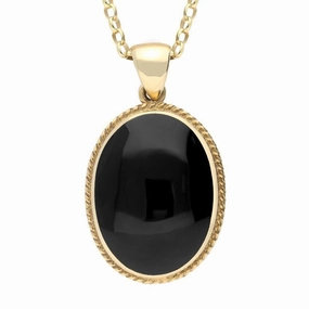 18ct Yellow Gold Whitby Jet Heritage Rope Edge Large Oval Pendant