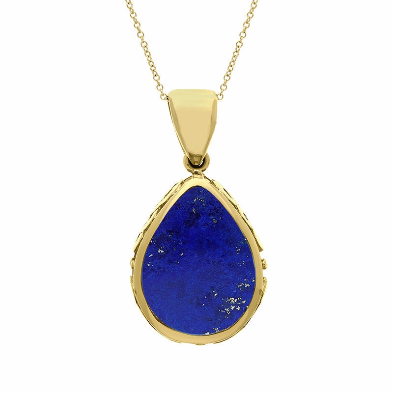 18ct Yellow Gold Whitby Jet Lapis Lazuli Double Sided Celtic Pear Cut Fob Necklace