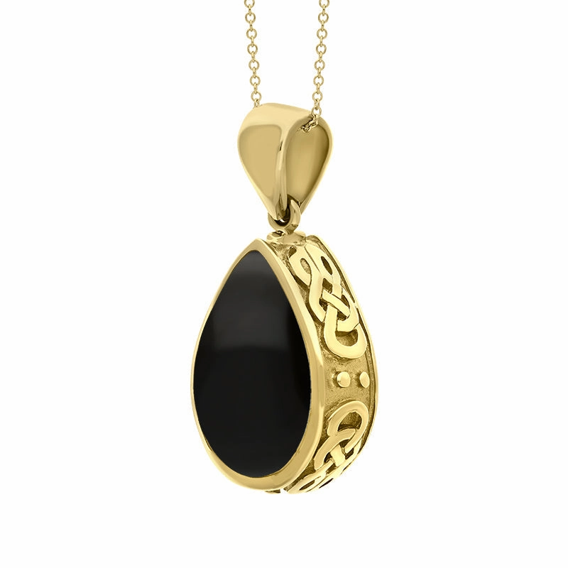 18ct Yellow Gold Whitby Jet Lapis Lazuli Double Sided Celtic Pear Cut Fob Necklace