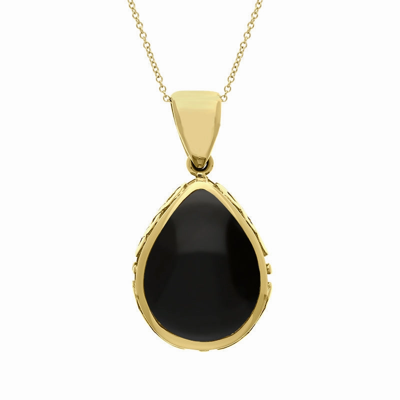 18ct Yellow Gold Whitby Jet Lapis Lazuli Double Sided Celtic Pear Cut Fob Necklace