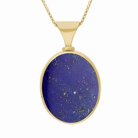 18ct Yellow Gold Whitby Jet Lapis Lazuli Queens Jubilee Hallmark Double Sided Oval Necklace D