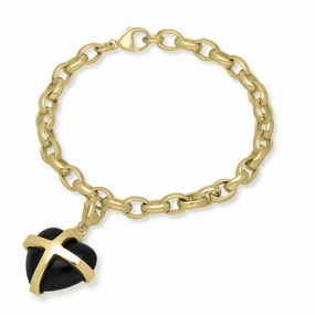 18ct Yellow Gold Whitby Jet Large Cross Heart Charm Bracelet