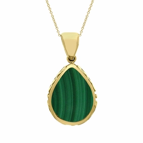 18ct Yellow Gold Whitby Jet Malachite Double Sided Celtic Pear Cut Fob Necklace