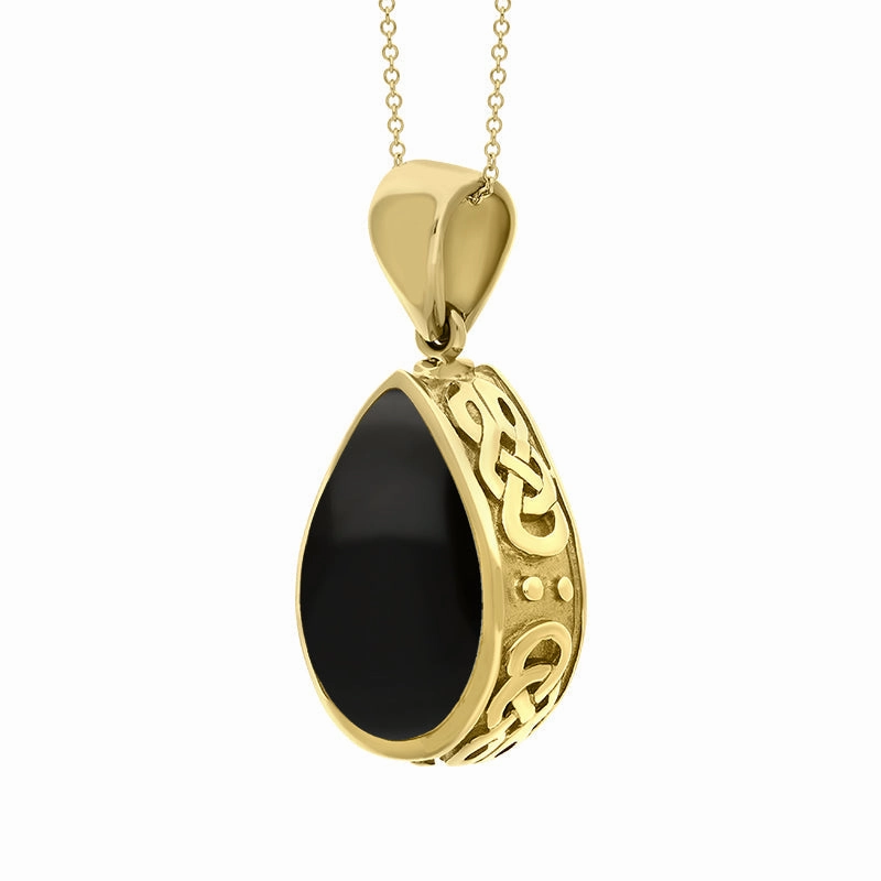 18ct Yellow Gold Whitby Jet Malachite Double Sided Celtic Pear Cut Fob Necklace