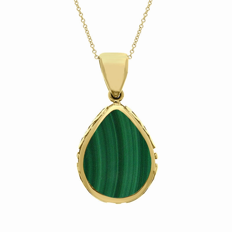 18ct Yellow Gold Whitby Jet Malachite Double Sided Celtic Pear Cut Fob Necklace