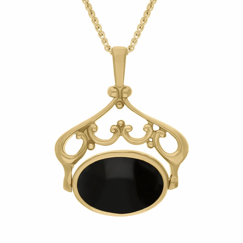 18ct Yellow Gold Whitby Jet Malachite Double Sided Oval Swivel Fob Necklace