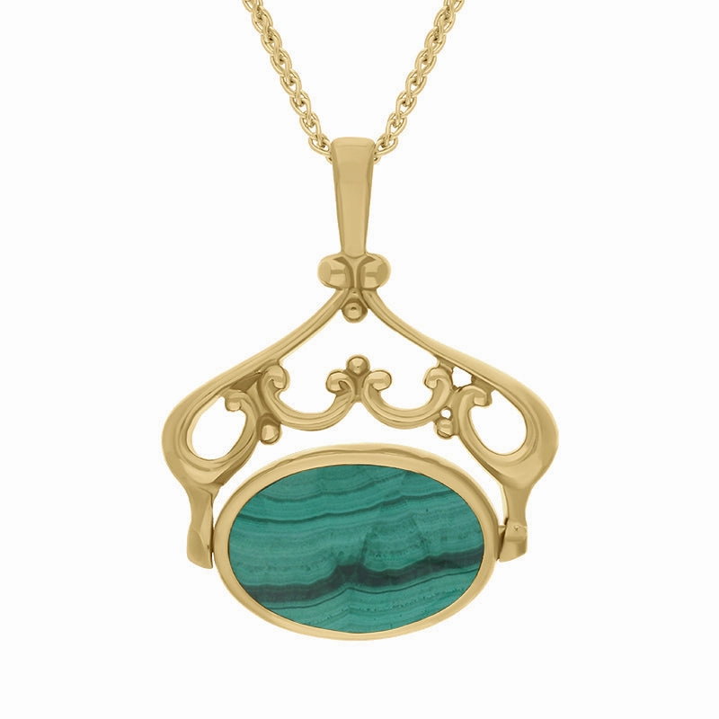 18ct Yellow Gold Whitby Jet Malachite Double Sided Oval Swivel Fob Necklace