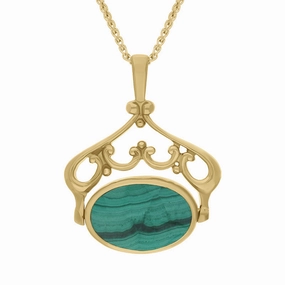 18ct Yellow Gold Whitby Jet Malachite Double Sided Oval Swivel Fob Necklace