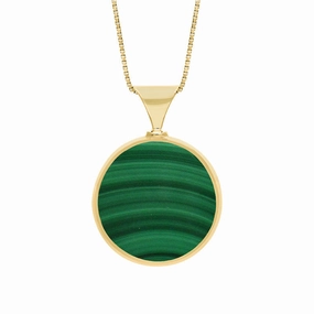 18ct Yellow Gold Whitby Jet Malachite King's Coronation Hallmark Double Sided Round Necklace D