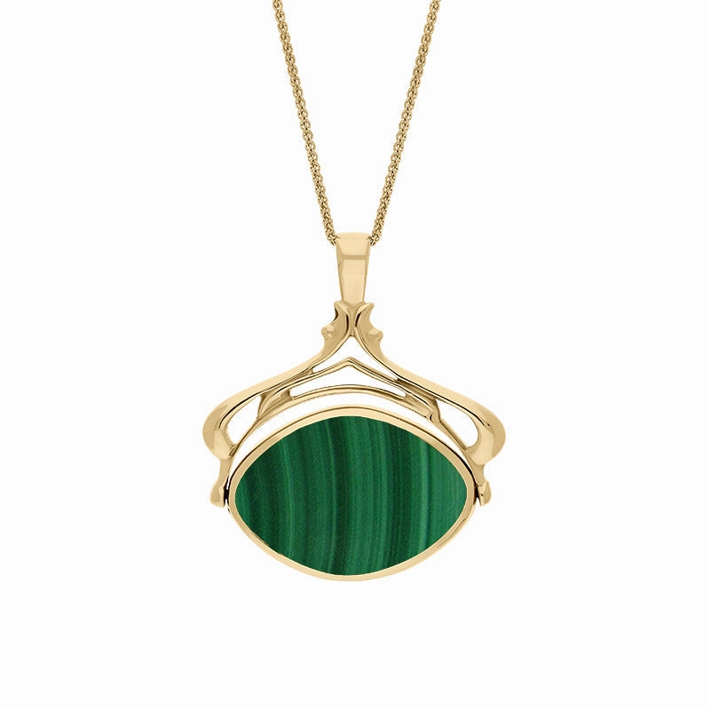 18ct Yellow Gold Whitby Jet Malachite Marquise Swivel Fob Necklace