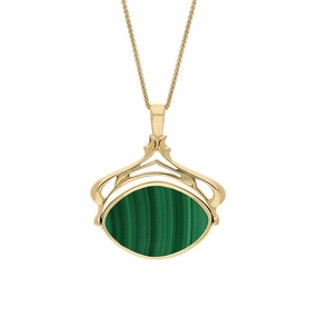 18ct Yellow Gold Whitby Jet Malachite Marquise Swivel Fob Necklace