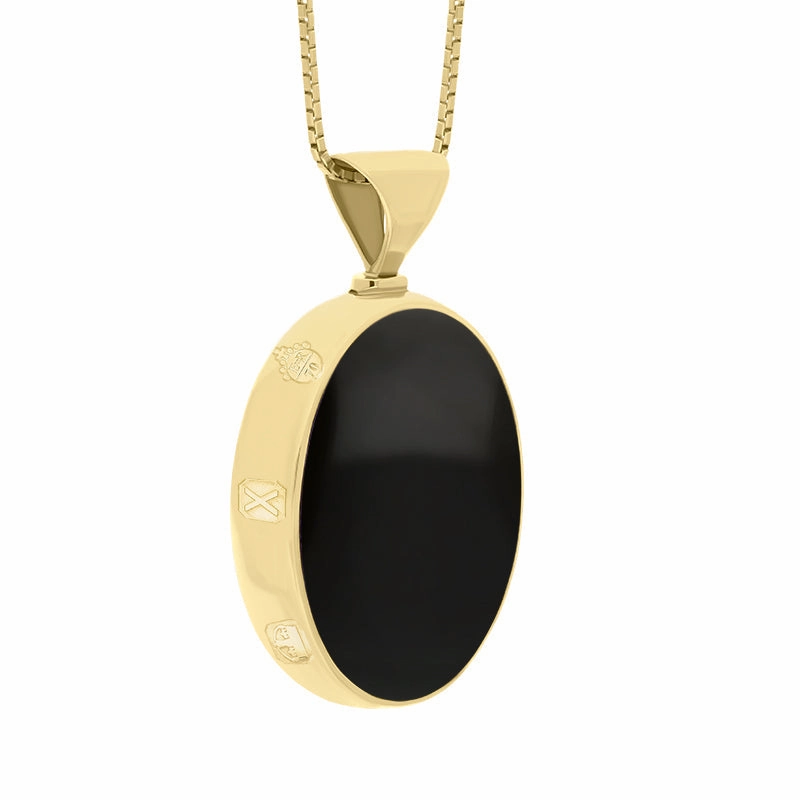 18ct Yellow Gold Whitby Jet Malachite Queens Jubilee Hallmark Double Sided Oval Necklace D