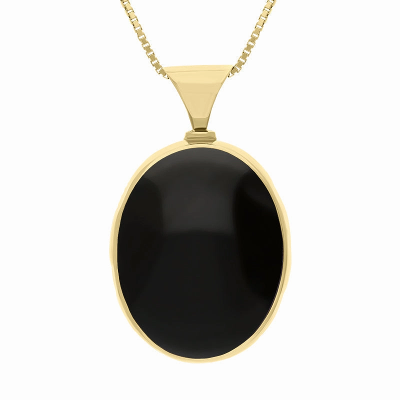 18ct Yellow Gold Whitby Jet Malachite Queens Jubilee Hallmark Double Sided Oval Necklace D