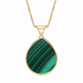 18ct Yellow Gold Whitby Jet Malachite Queens Jubilee Hallmark Double Sided Pear-shaped Necklace D