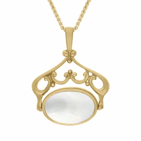 18ct Yellow Gold Whitby Jet Mother Of Pearl Double Sided Oval Fob Necklace