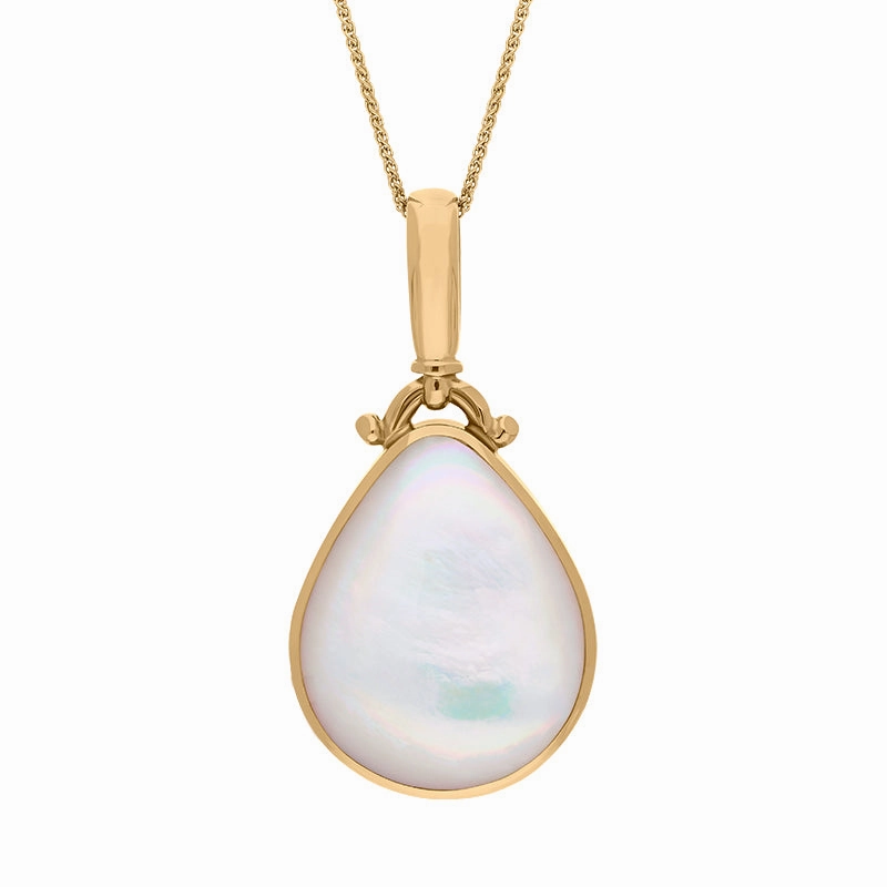 18ct Yellow Gold Whitby Jet Mother of Pearl Double Sided Pear Fob Necklace