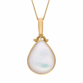 18ct Yellow Gold Whitby Jet Mother of Pearl Double Sided Pear Fob Necklace