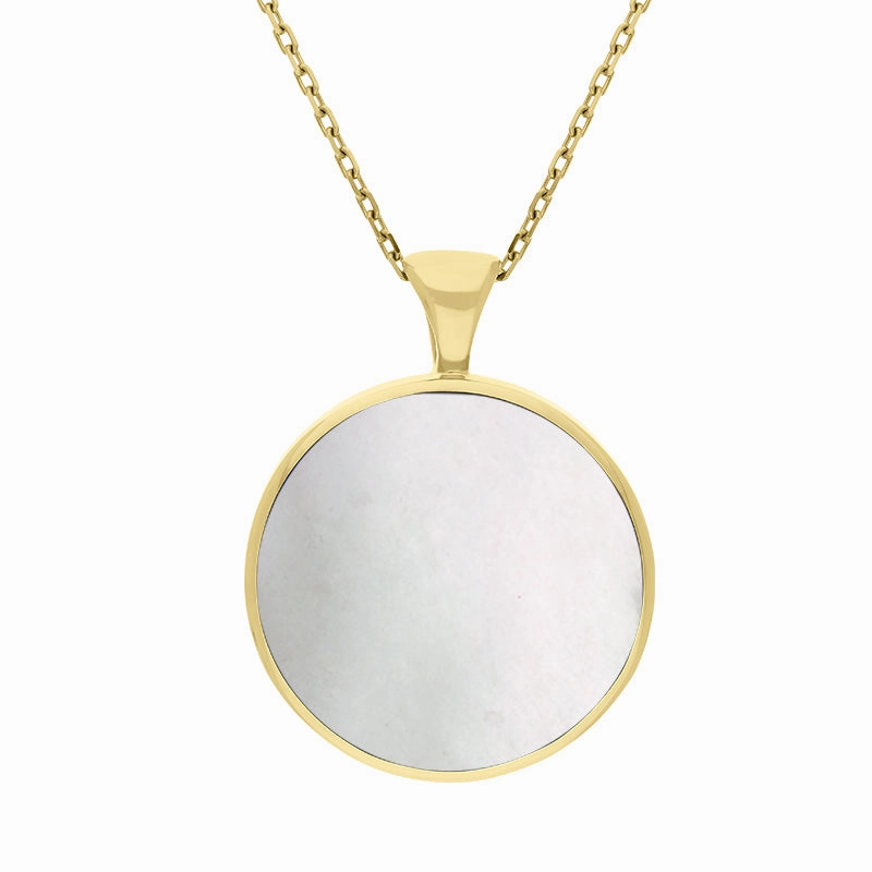 18ct Yellow Gold Whitby Jet Mother Of Pearl Double Sided Round Fob Necklace