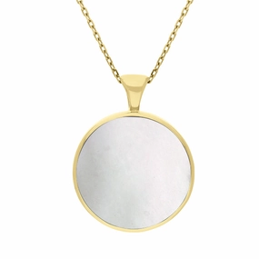 18ct Yellow Gold Whitby Jet Mother Of Pearl Double Sided Round Fob Necklace