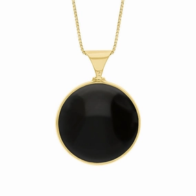 18ct Yellow Gold Whitby Jet Mother of Pearl King's Coronation Hallmark Double Sided Round Necklace D