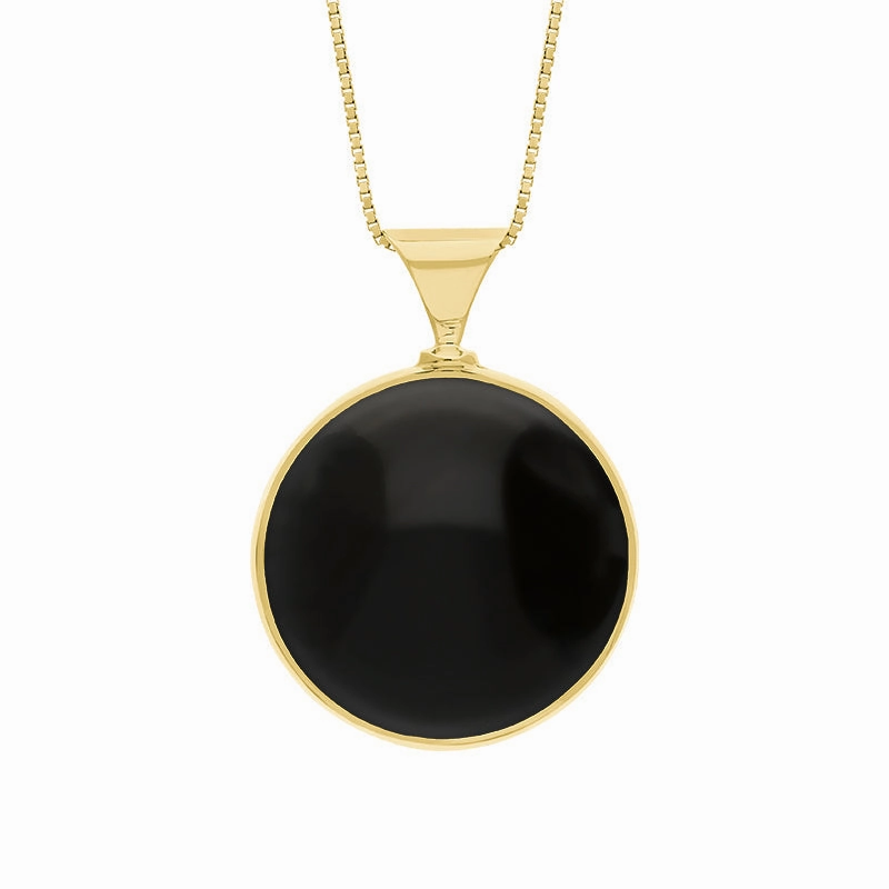 18ct Yellow Gold Whitby Jet Mother of Pearl King's Coronation Hallmark Double Sided Round Necklace D