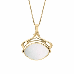 18ct Yellow Gold Whitby Jet Mother Of Pearl Marquise Swivel Fob Necklace