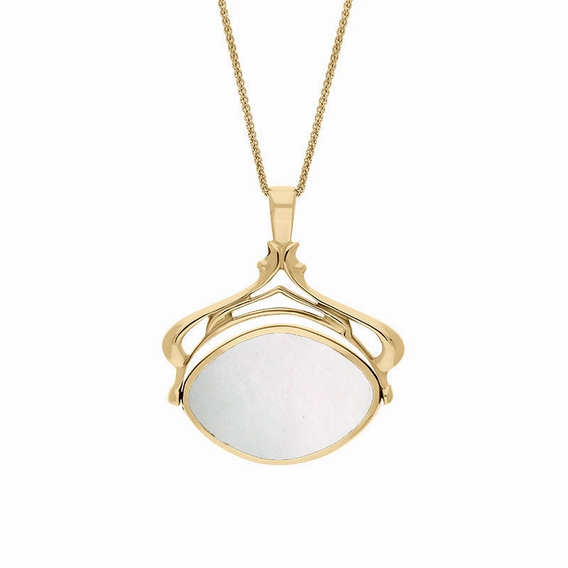 18ct Yellow Gold Whitby Jet Mother Of Pearl Marquise Swivel Fob Necklace