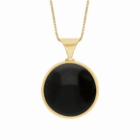 18ct Yellow Gold Whitby Jet Mother of Pearl Queens Jubilee Hallmark Double Sided Round Necklace D