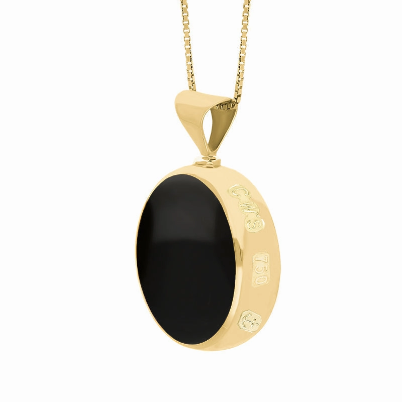 18ct Yellow Gold Whitby Jet Mother of Pearl Queens Jubilee Hallmark Double Sided Round Necklace D