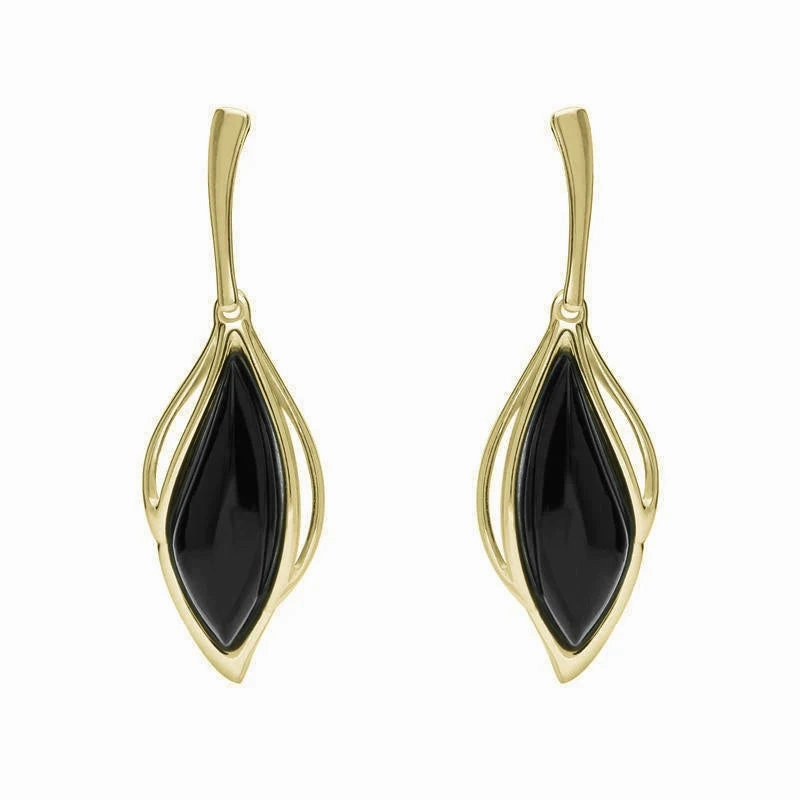 18ct Yellow Gold Whitby Jet Open Marquise Drop Earrings