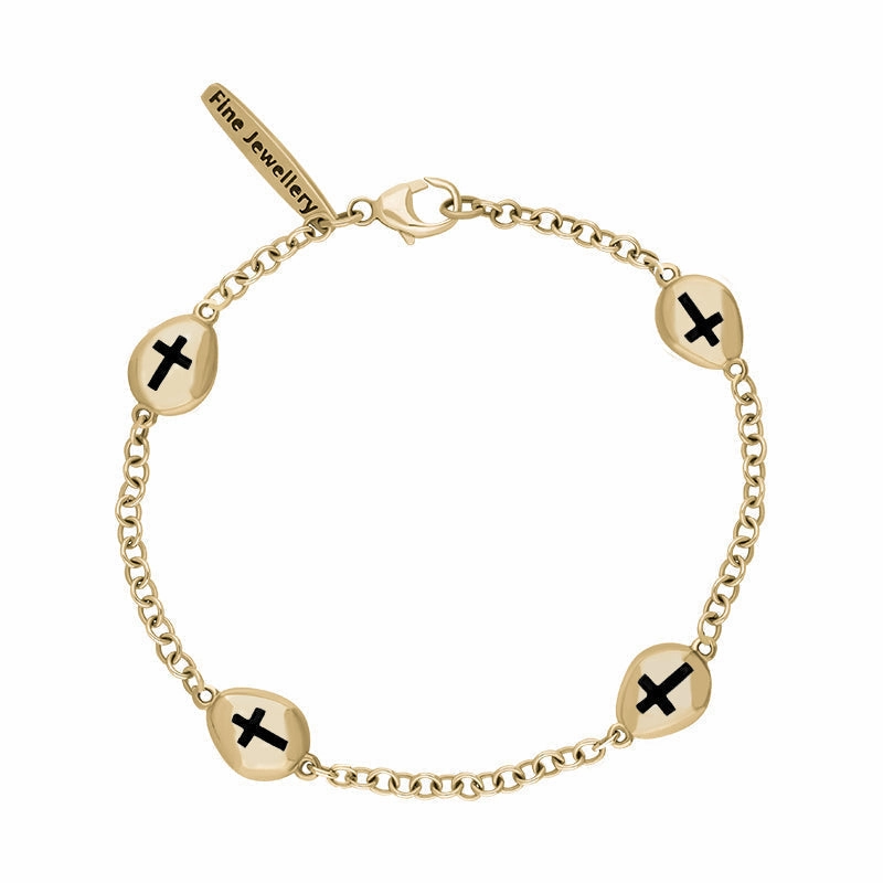 18ct Yellow Gold Whitby Jet Oval Cross Detail Four Stone Bracelet