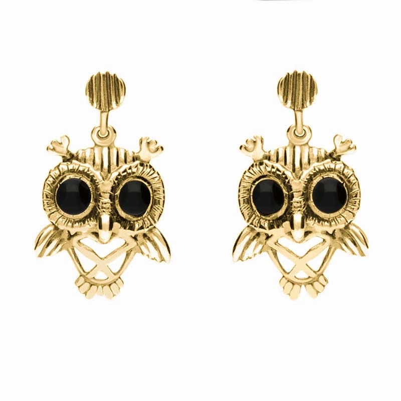18ct Yellow Gold Whitby Jet Owl Stud Earrings