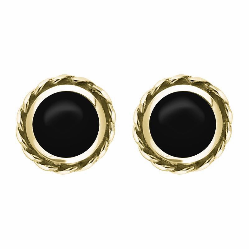 18ct Yellow Gold Whitby Jet Round Twist Edge Stud Earrings