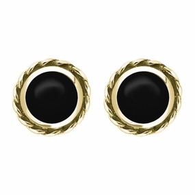 18ct Yellow Gold Whitby Jet Round Twist Edge Stud Earrings