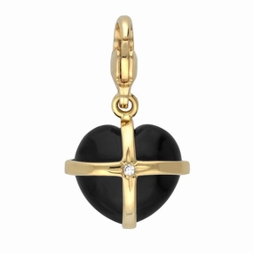 18ct Yellow Gold Whitby Jet Single Diamond Small Cross Heart Charm