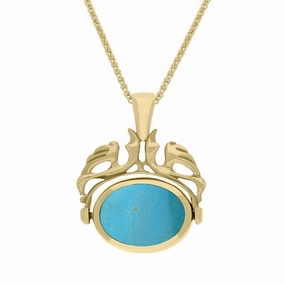 18ct Yellow Gold Whitby Jet Turquoise Double Sided Oval Swivel Fob Necklace