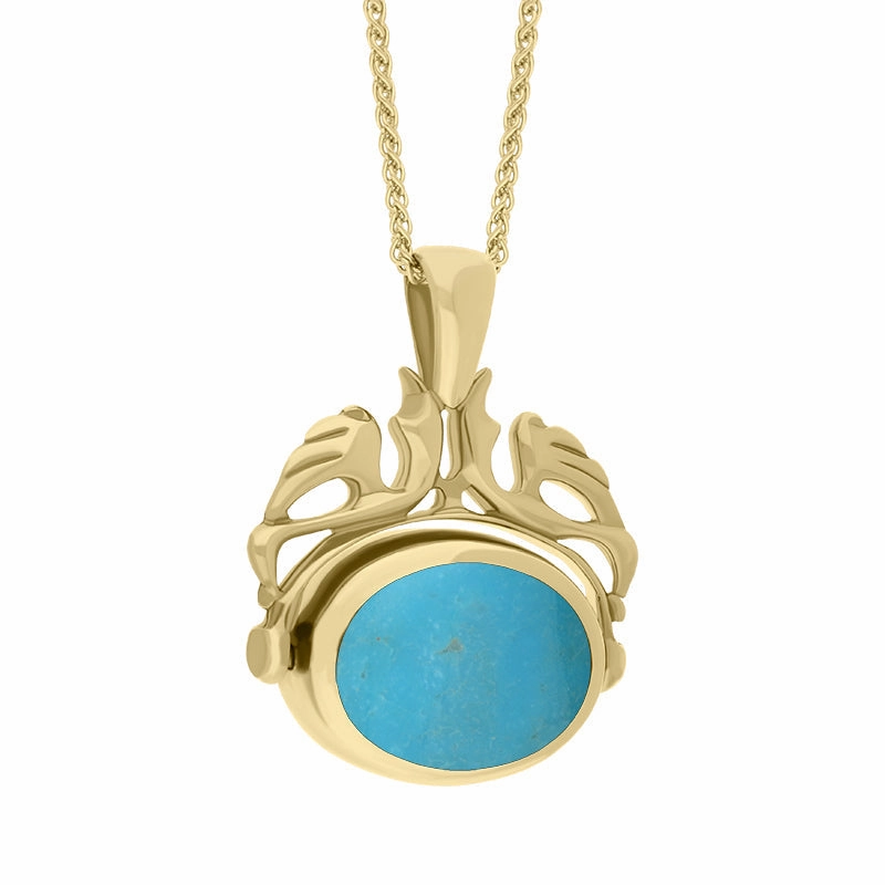 18ct Yellow Gold Whitby Jet Turquoise Double Sided Oval Swivel Fob Necklace