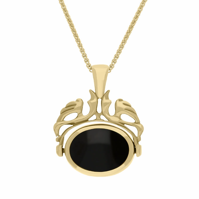 18ct Yellow Gold Whitby Jet Turquoise Double Sided Oval Swivel Fob Necklace