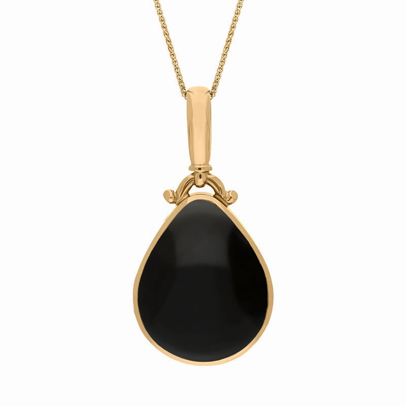 18ct Yellow Gold Whitby Jet Turquoise Double Sided Pear Fob Necklace