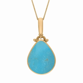 18ct Yellow Gold Whitby Jet Turquoise Double Sided Pear Fob Necklace