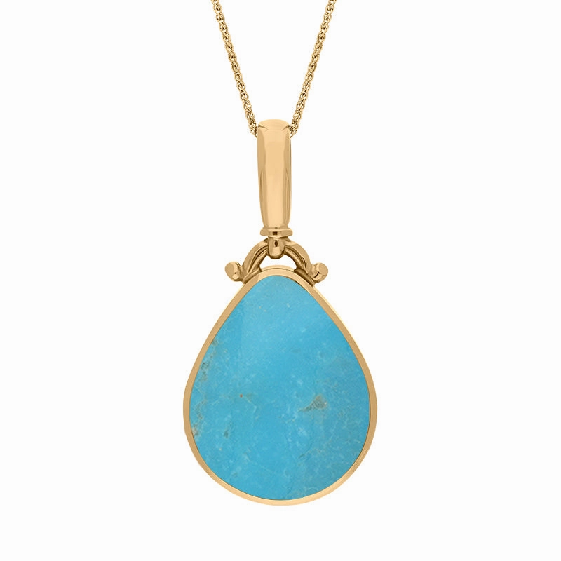 18ct Yellow Gold Whitby Jet Turquoise Double Sided Pear Fob Necklace
