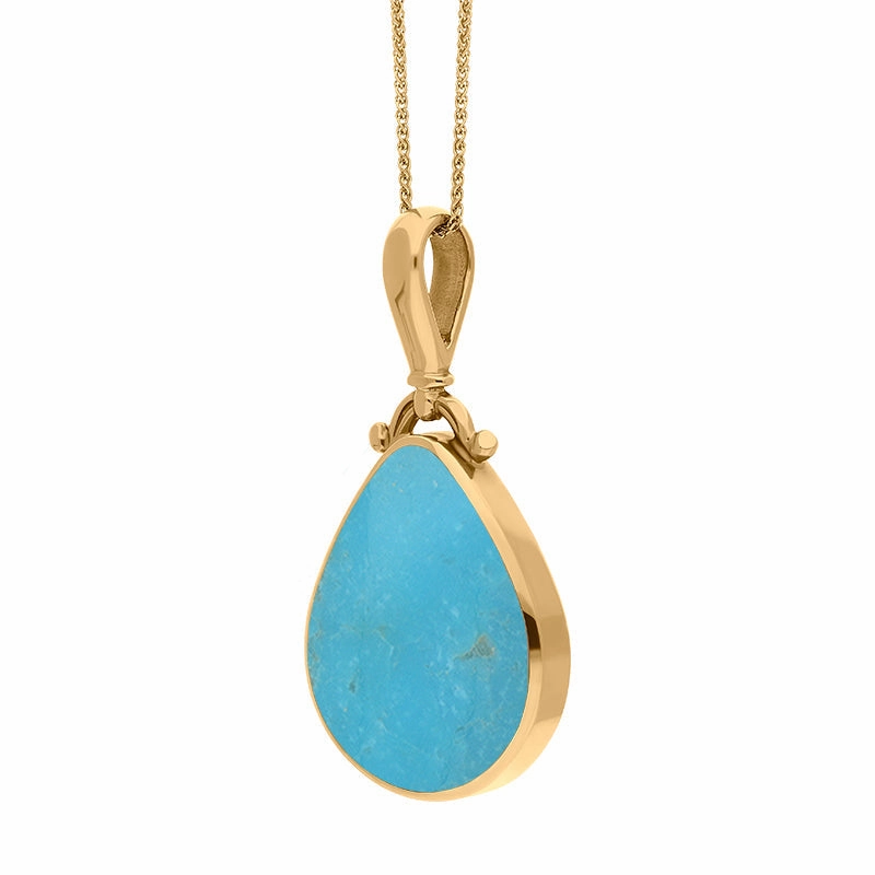 18ct Yellow Gold Whitby Jet Turquoise Double Sided Pear Fob Necklace