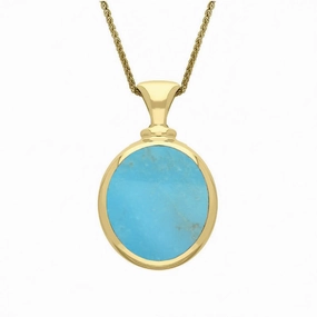 18ct Yellow Gold Whitby Jet Turquoise Small Double Sided Oval Fob Necklace