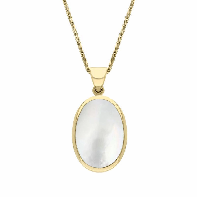 18ct Yellow Gold Whitby Jet White Mother Of Pearl Small Double Sided Fob Necklace