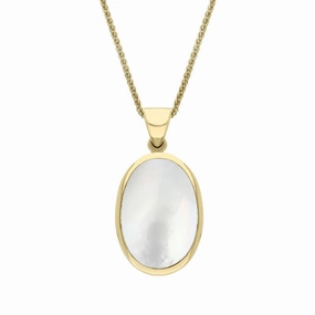 18ct Yellow Gold Whitby Jet White Mother Of Pearl Small Double Sided Fob Necklace