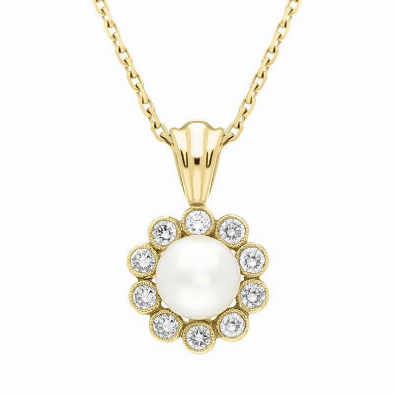 18ct Yellow Gold White Akoya Pearl Diamond Flower Necklace