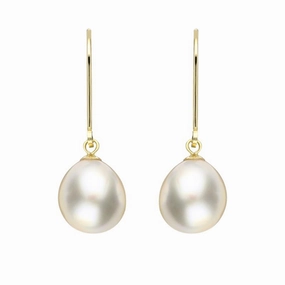 18ct Yellow Gold White Pearl 9mm Lever Back Drop Earrings