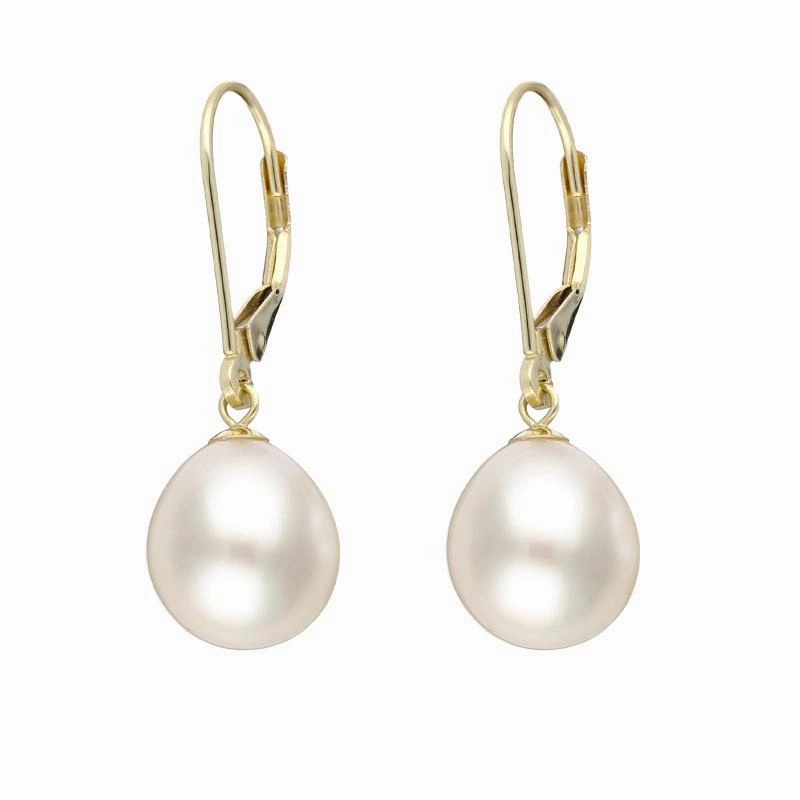 18ct Yellow Gold White Pearl 9mm Lever Back Drop Earrings