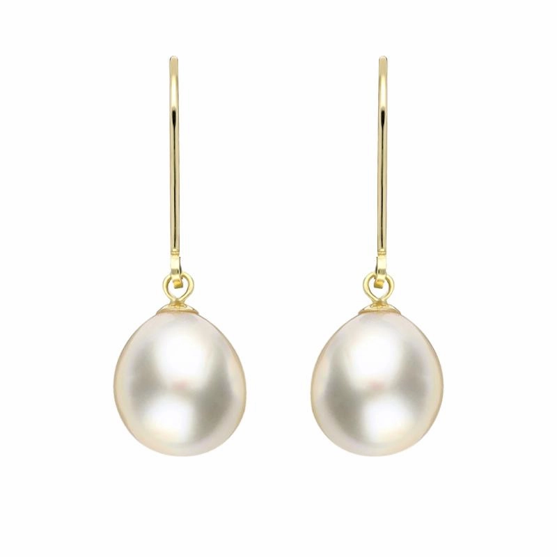 18ct Yellow Gold White Pearl 9mm Lever Back Drop Earrings