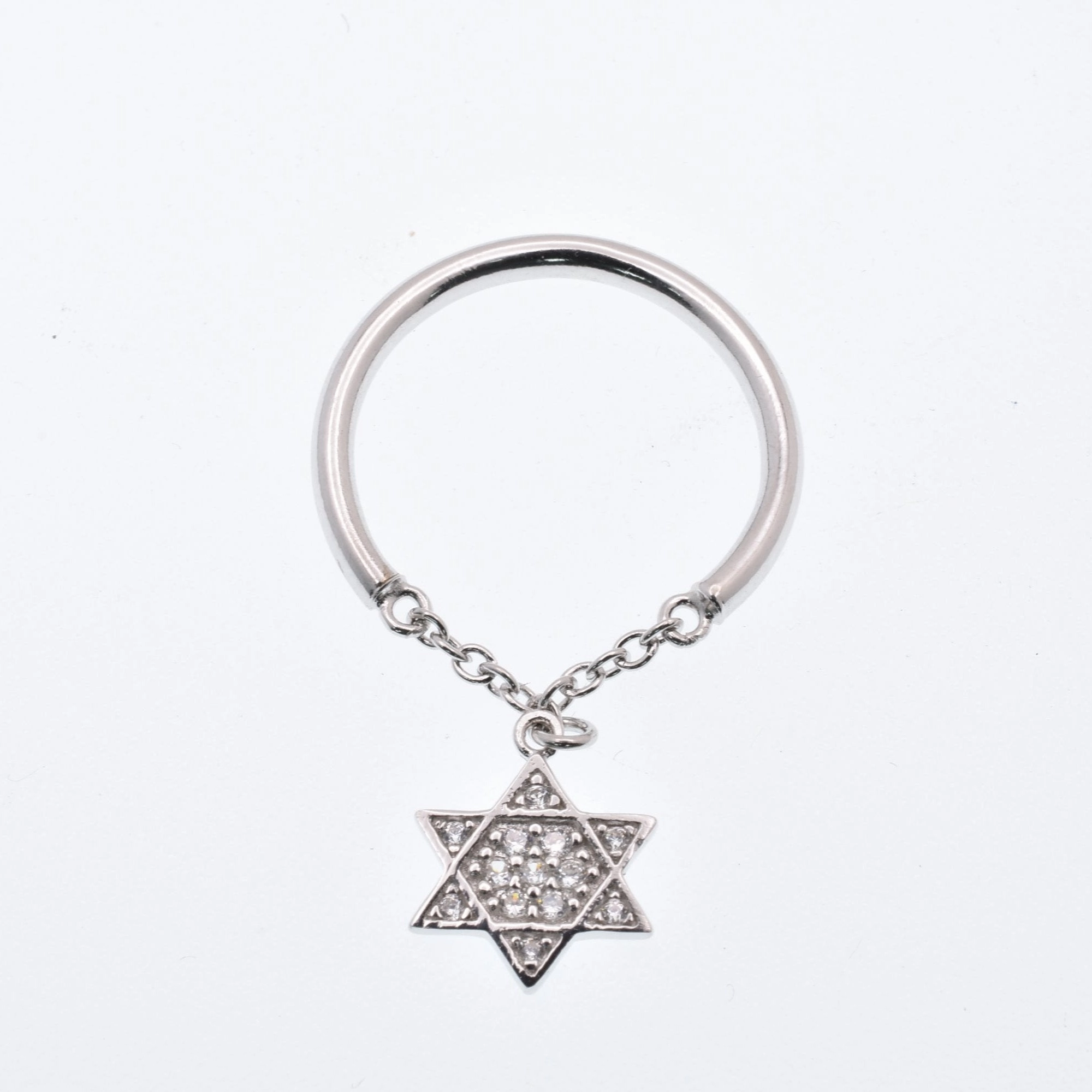 925 Sterling Silver Nickel Free Rhodium Plated Half Ring Chain Dangling Star of David Clear CZ Ring - STR01013